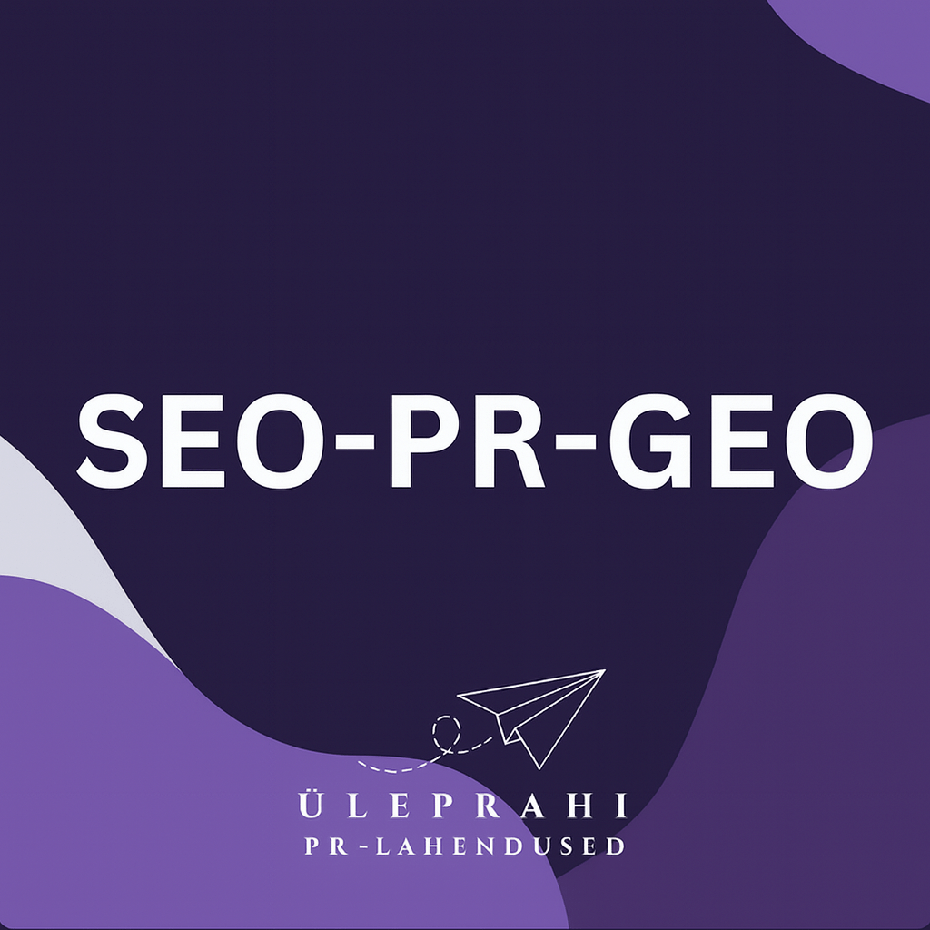 Graafiline kujund SEO-PR-GEO sõnadega, taustal lilla toon ja paberlennuki ikoon. Kujund esindab Üle PRahi PR-lahendusi.